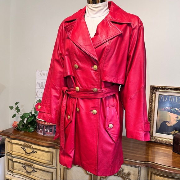 Vintage LNR Red Leather Double Breasted Trench Coat - Picture 3 of 15